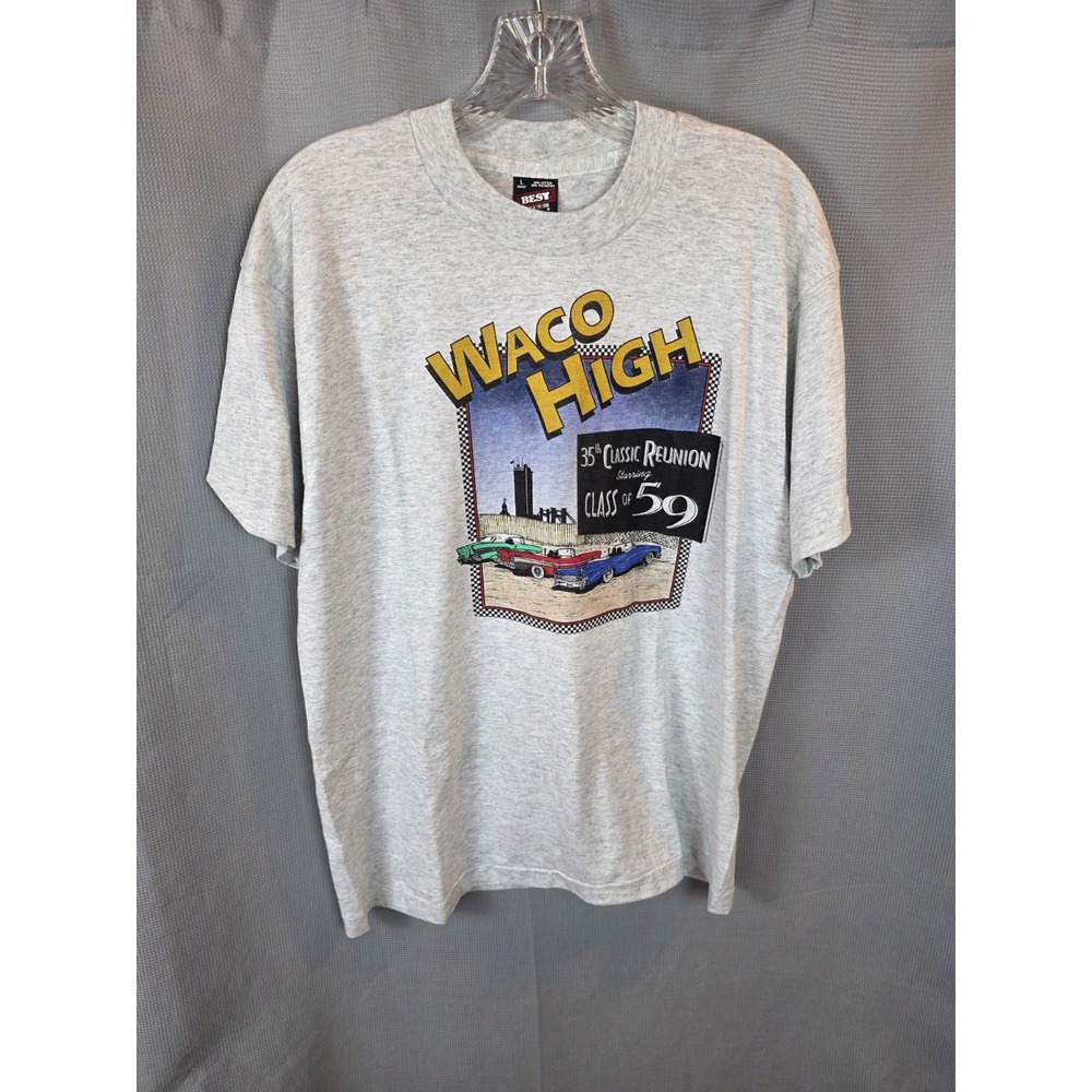 Vintage Fruit of the Loom Best Gray Graphic Waco High T-Shirt L Single Stitch